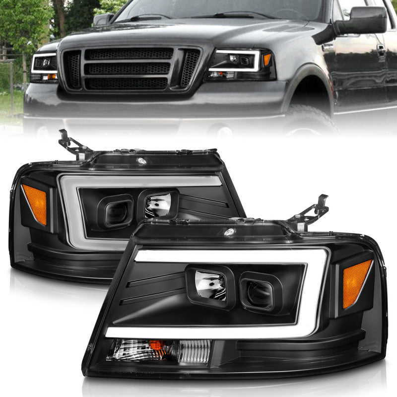 ANZO 2004-2008 Ford F-150 Projector Headlights w/ Light Bar Black Housing